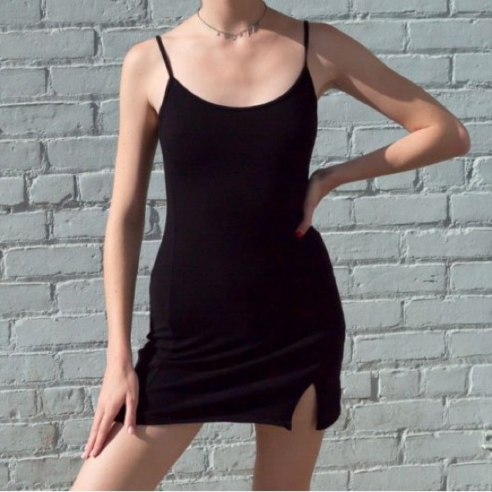 Brandy Melville Kyran Black Side Slit Fitted Spaghetti Strap Mini Dress Size S/M